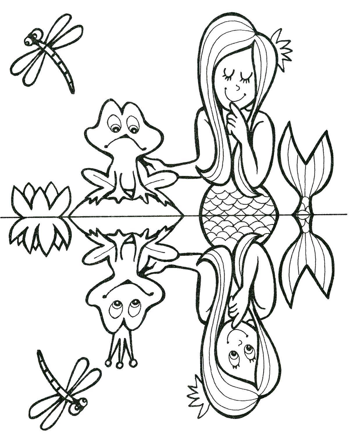 Coloring Mermaid and the frog. Category The little mermaid. Tags:  mermaid, frog, dragonfly.
