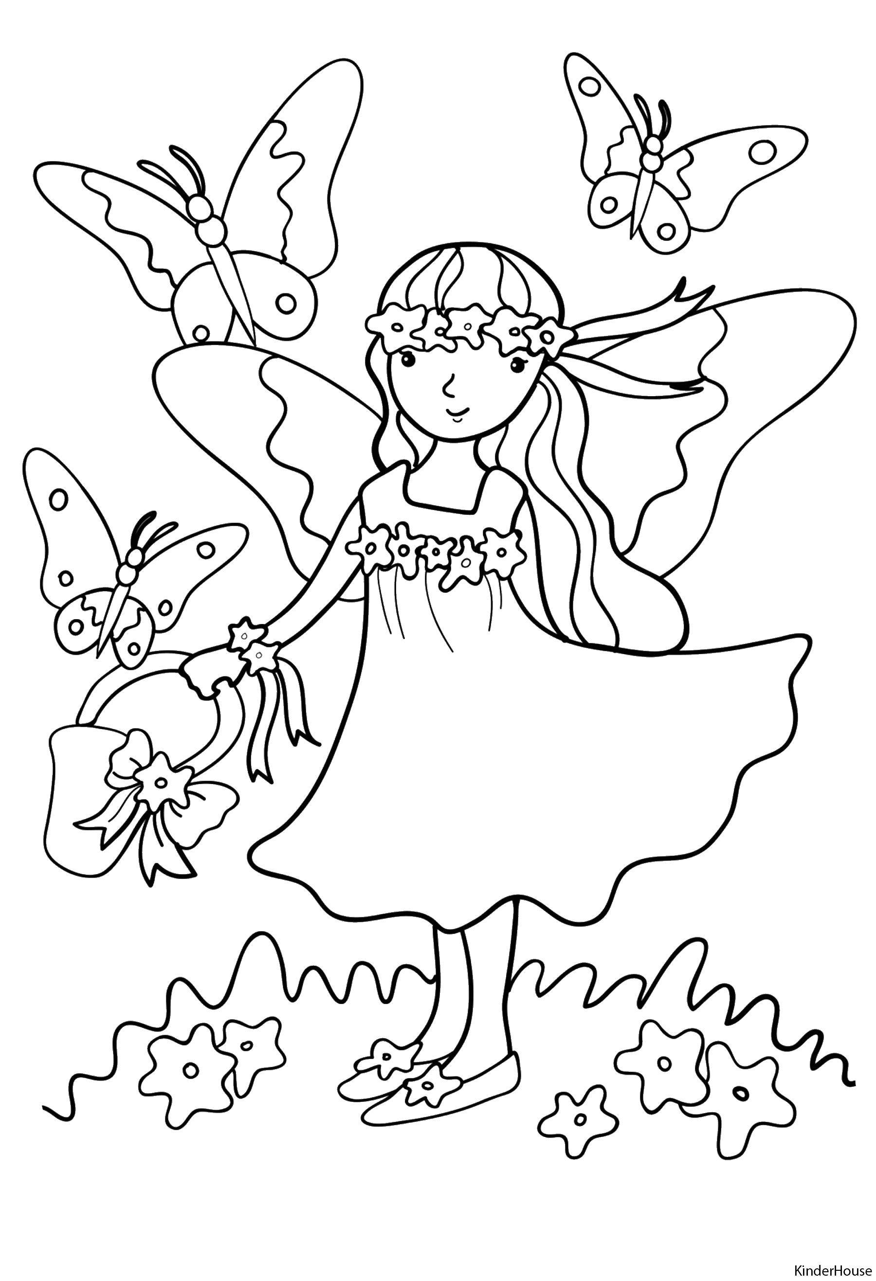 Название: Раскраска Девочка и бабочки. Категория: Для девочек. Теги: девочка, платье, корзинка, бабочки.