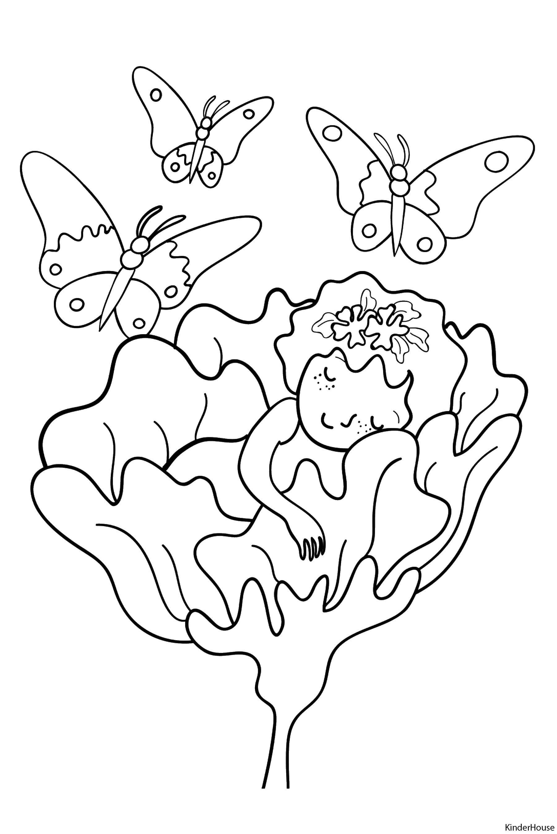 Coloring Thumbelina in the flower. Category For girls. Tags:  girl, flower, butterfly.