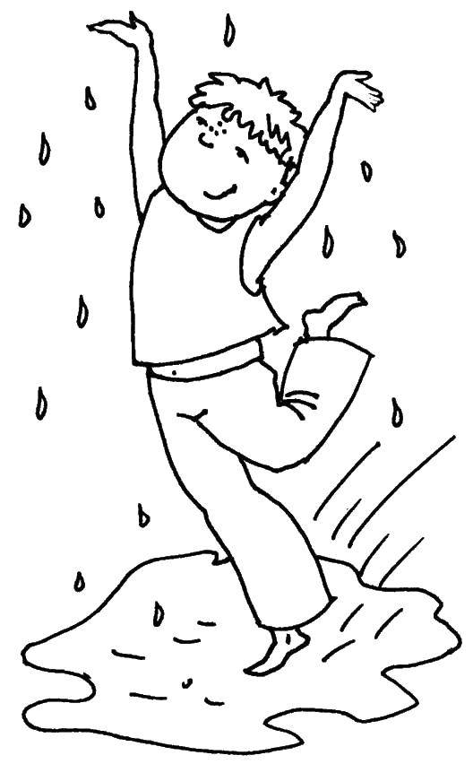 Coloring Boy jumping in a puddle. Category rain. Tags:  rain, puddle.