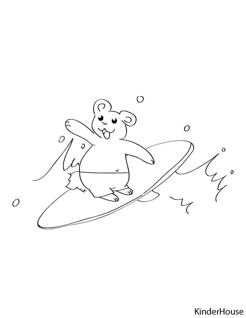 Название: Раскраска Мышка на доске для серфинга. Категория: Летние развлечения. Теги: мышка, вода, доска.