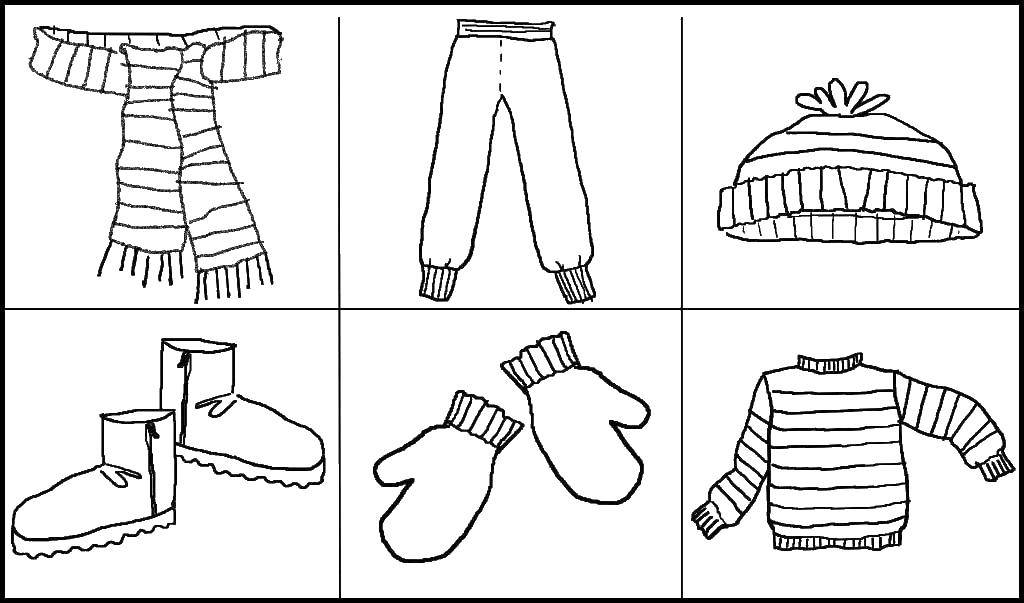 Название: Раскраска Шарфик, штаны, шапка, угги, варежки, свитер. Категория: одежда. Теги: Шарфик, штаны, шапка, угги, варежки, свитер.