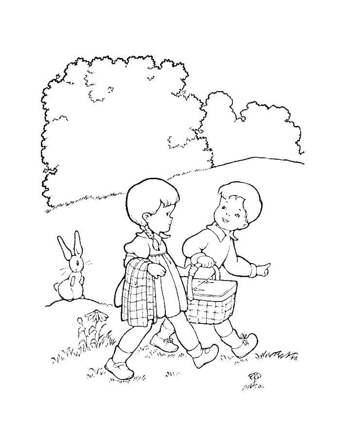 Название: Раскраска Мальчик с девочкой гуляют по лесу. Категория: лес. Теги: лес, природа, дети, зайчик.