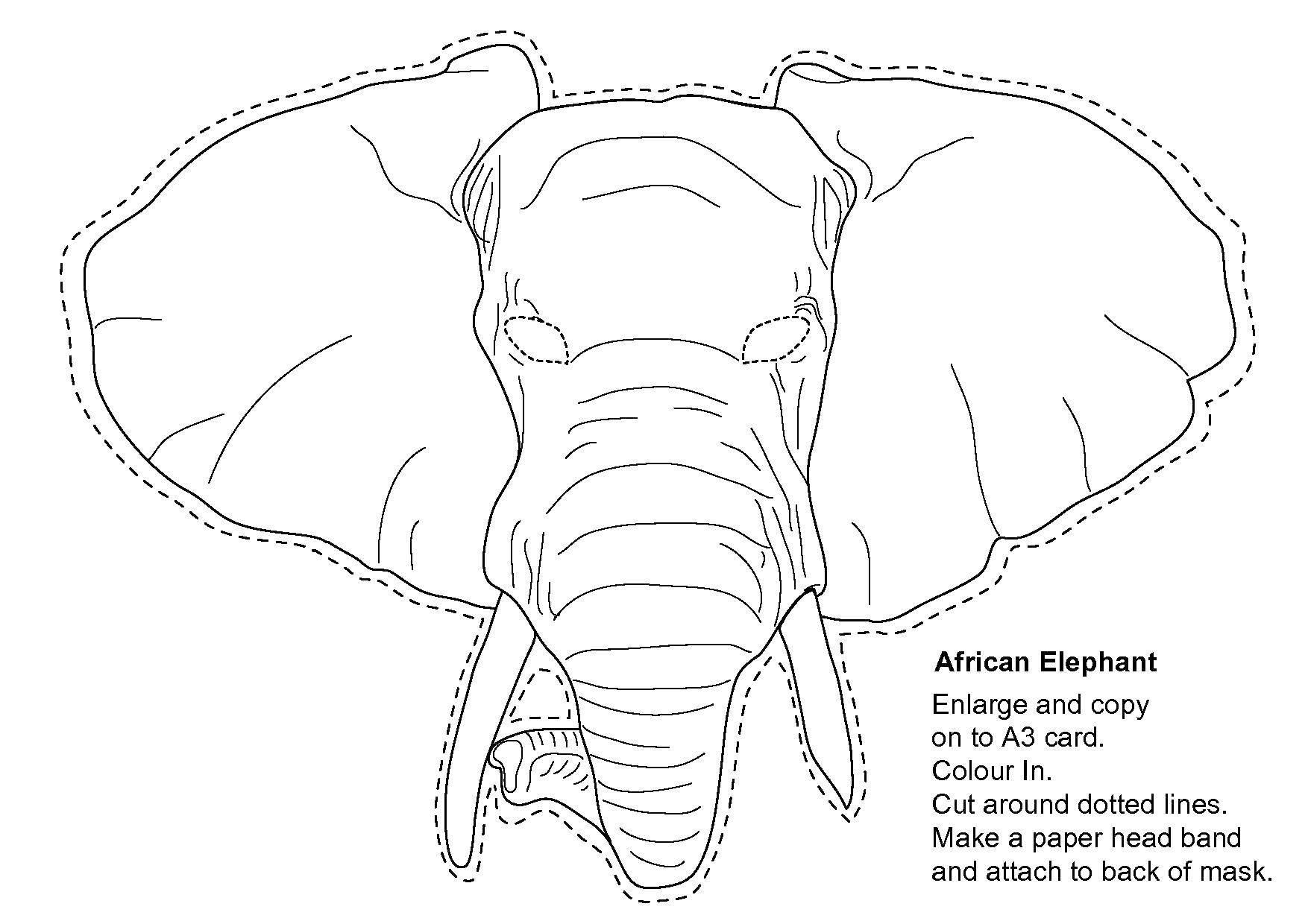 Название: Раскраска Маска большого слона. Категория: контуры слона для вырезания. Теги: Слон, контур.