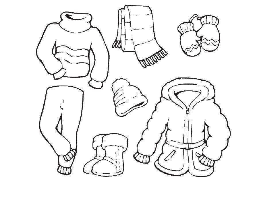 Название: Раскраска Набор зимней одежды. Категория: одежда. Теги: Одежда, свитер, штаны, валенки, шапка, шарф, варежки, дубленка.