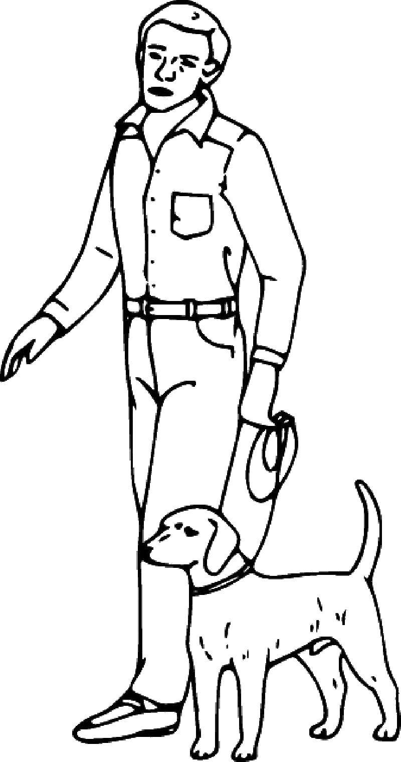 Название: Раскраска Мужчина выгуливает собаку. Категория: Контуры человека для вырезания. Теги: человек, собака.