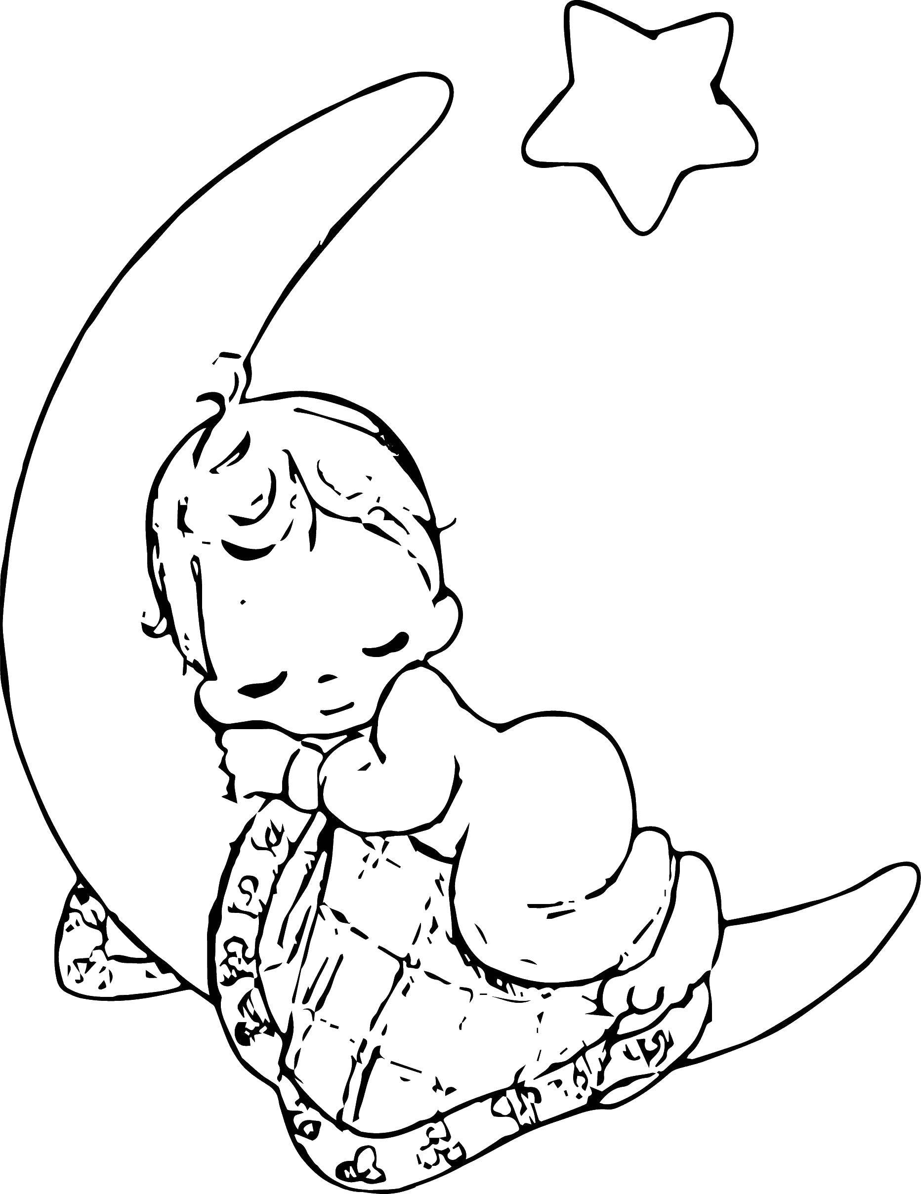 Опис: розмальовки  Дитина на місяці. Категорія: Сон. Теги:  дитина, місяць, зірка.