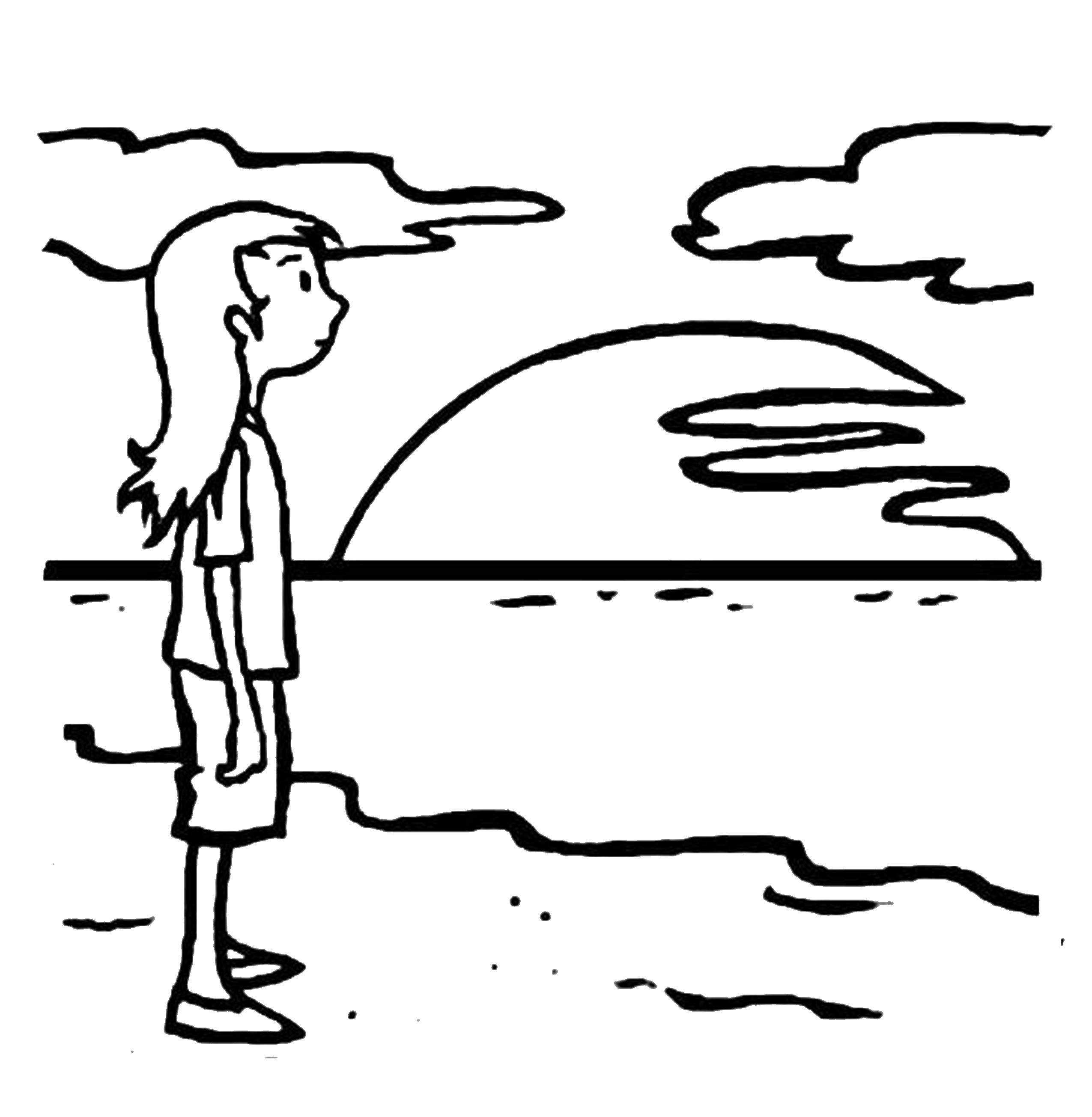 Название: Раскраска Девушка на берегу во время заката. Категория: Пляж. Теги: девушка, природа, пляж, закат.