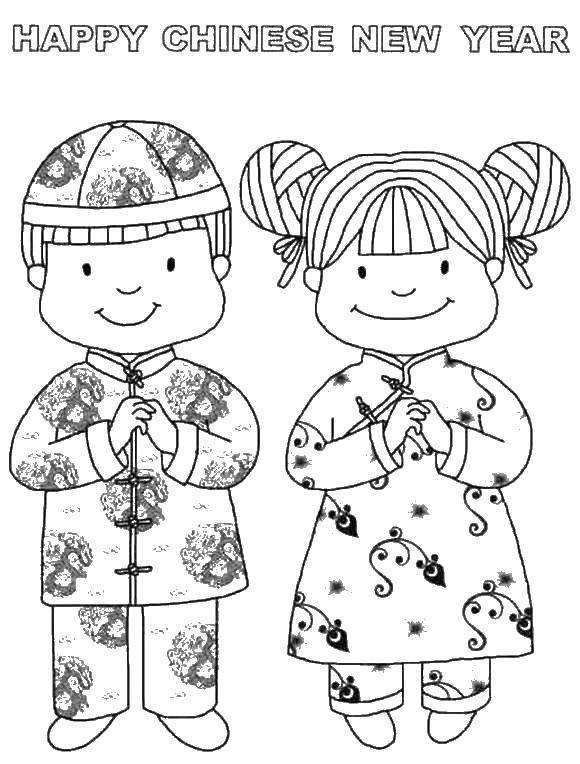 Название: Раскраска Мальчик и девочка в китайской одежде. Категория: китай. Теги: мальчик, девочка, китайская.