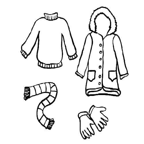 Название: Раскраска Набор зимней одежды. Категория: одежда. Теги: Одежда, зима, свитер, шарф, перчатки, куртка.