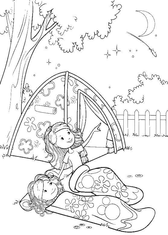 Название: Раскраска Девочки ночуют в палатки. Категория: Отдых на природе. Теги: девочки, палатка.