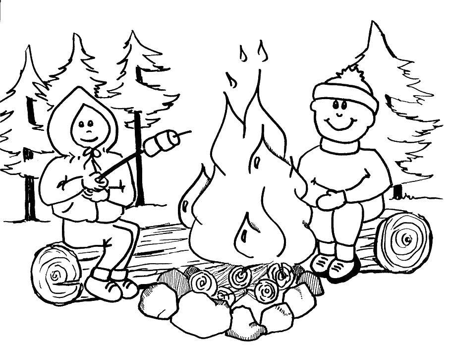 Coloring Boy and girl campfire. Category Camping. Tags:  bonfire, boy, girl.