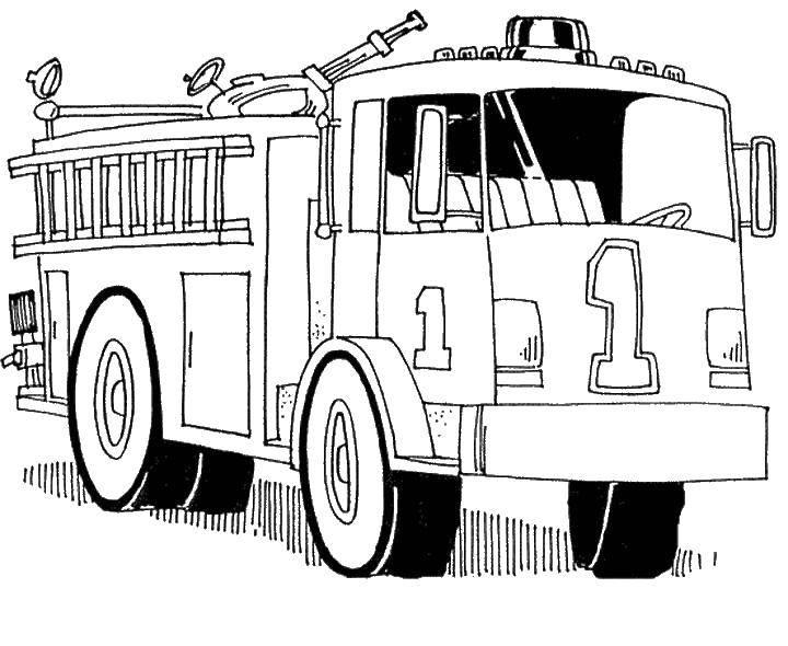 Название: Раскраска Машина пожарная с лестницей. Категория: машины. Теги: пожарная машина, лестница, пожарные.