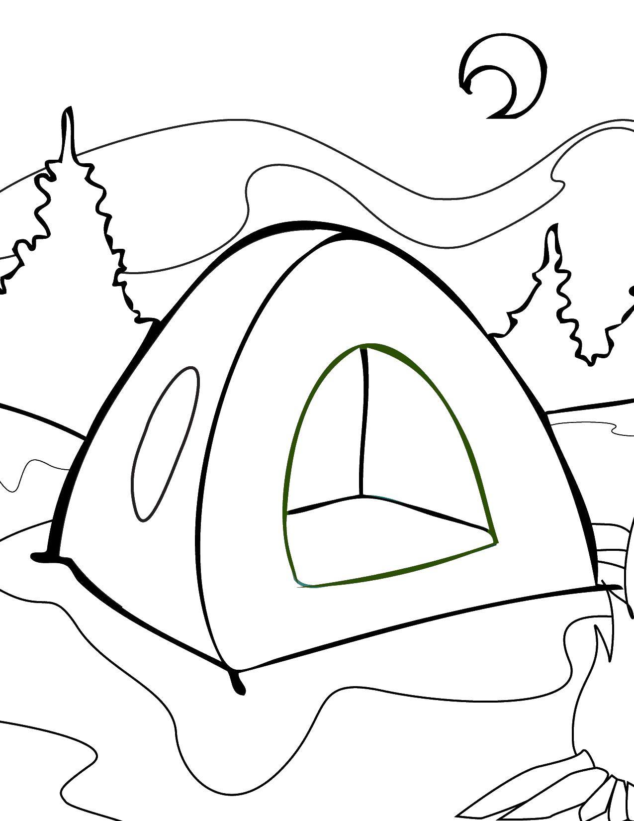 Coloring Tent in the woods. Category Camping. Tags:  tent, fire, pots.