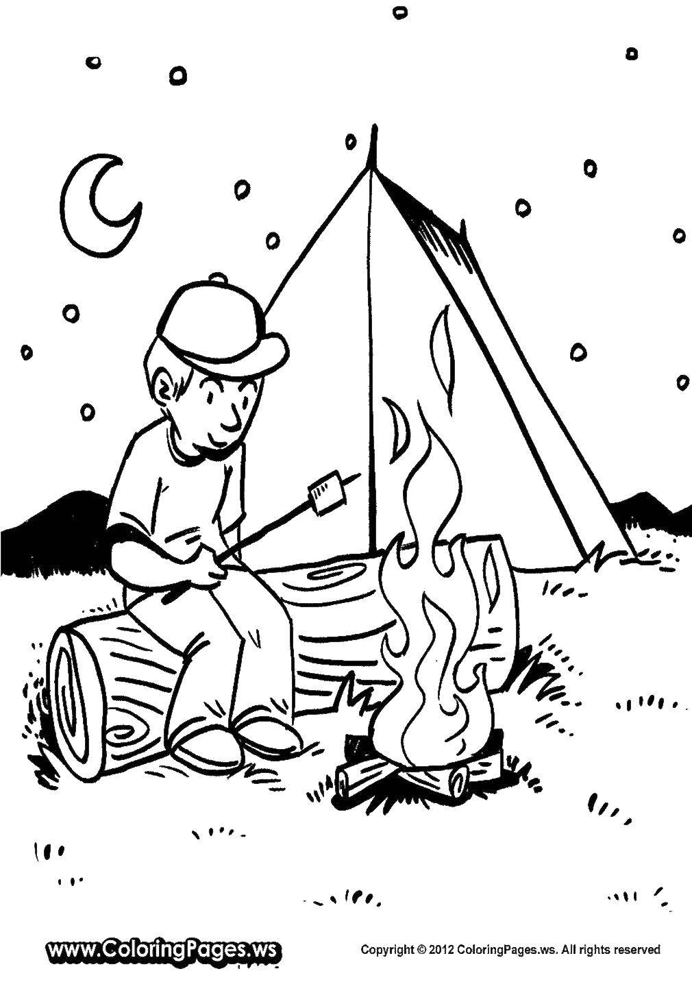 Coloring Guy roasts marshmallows. Category Camping. Tags:  tent, boy, fire.
