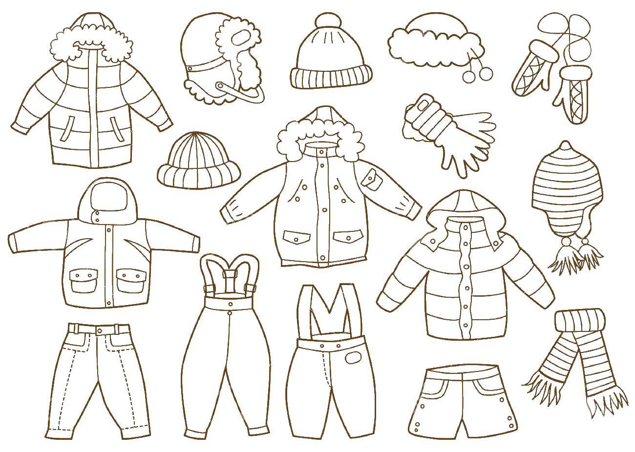Название: Раскраска Разнообразная одежда, перчатки, головные уборы. Категория: одежда. Теги: одежда, перчатки, шапки.