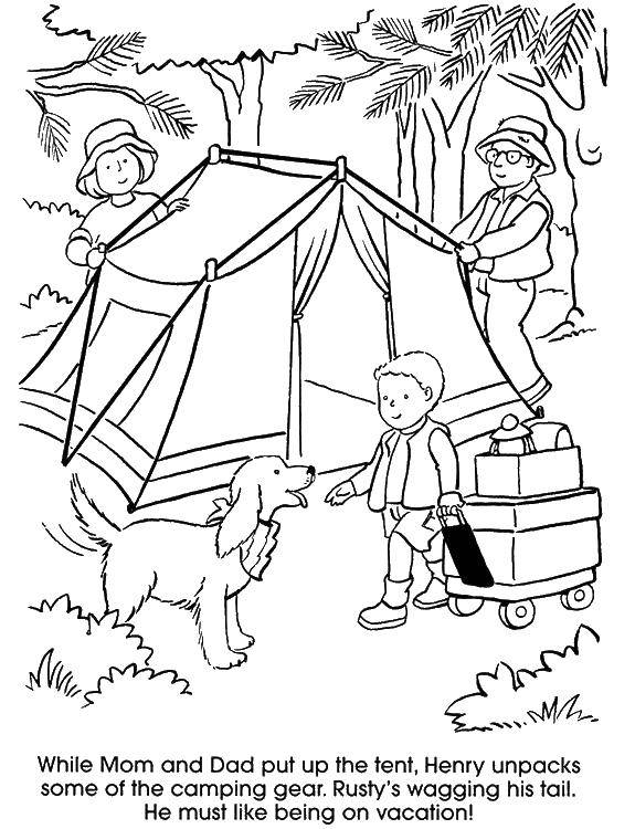 Название: Раскраска Семья на отдыхе. Категория: Отдых на природе. Теги: палатка, папа, мама, ребенок, собака.