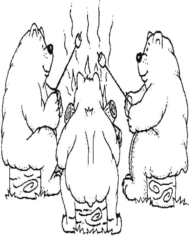 Название: Раскраска Три медведя у костра. Категория: Отдых на природе. Теги: медведи, костер.