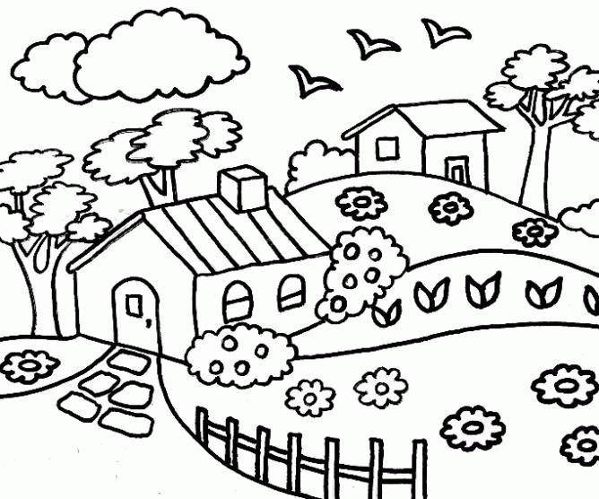 Розмальовки  Будиночки на лузі. Завантажити розмальовку село, луг, природа.  Роздрукувати ,село,