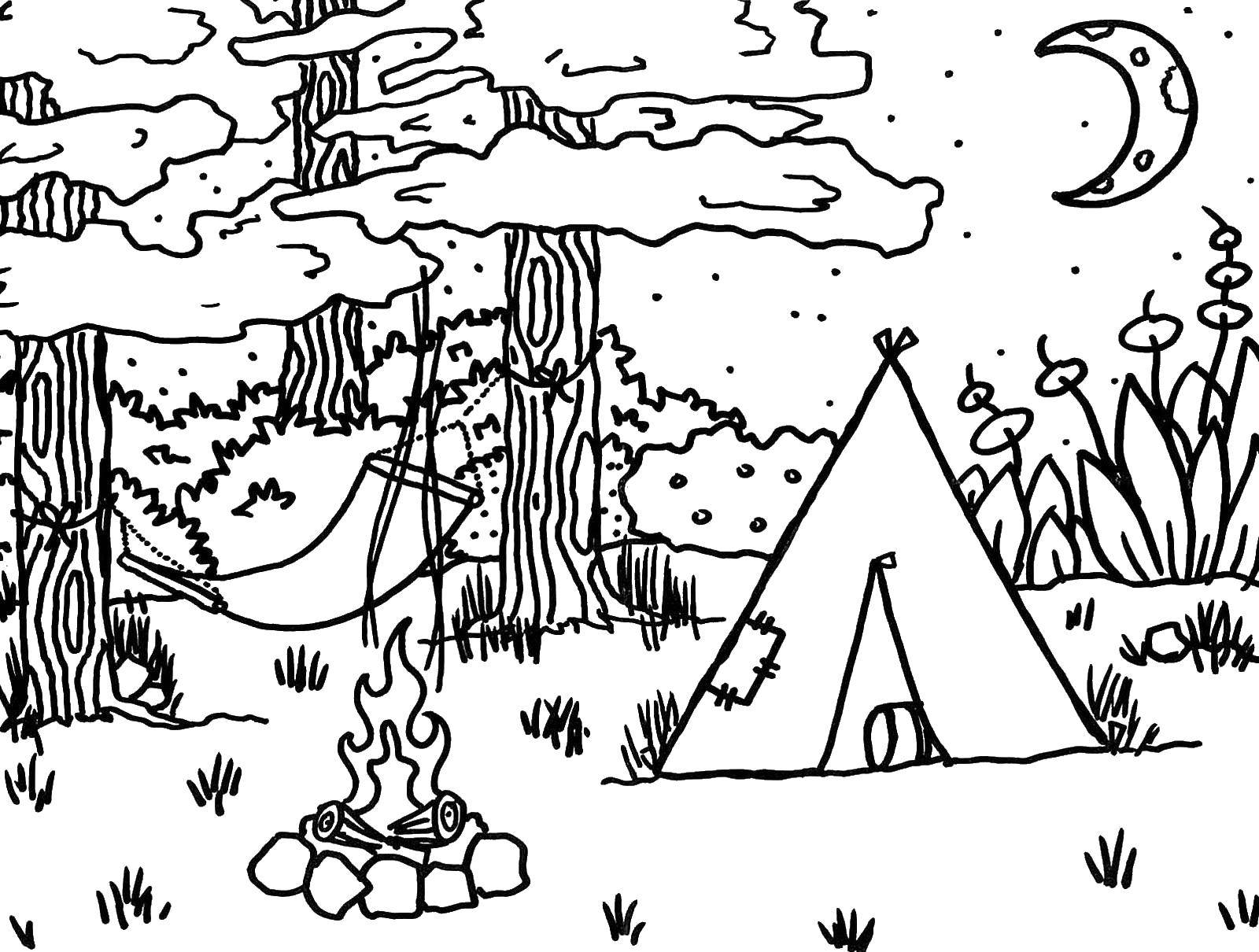 Название: Раскраска Лагерь у костра. Категория: Отдых на природе. Теги: Отдых, гамак, палатка.