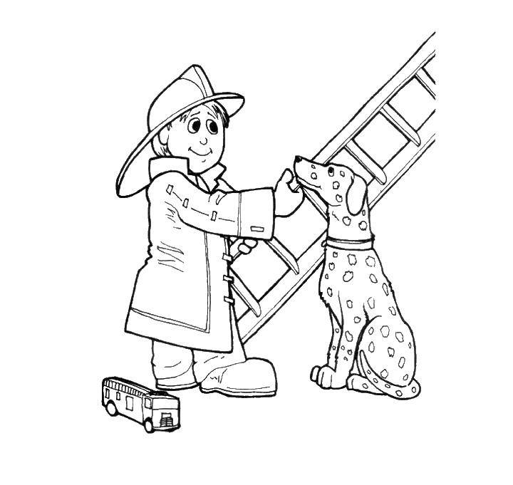 Coloring The boy in the firefighter costume. Category coloring book firefighter. Tags:  fire, police, ambulance.