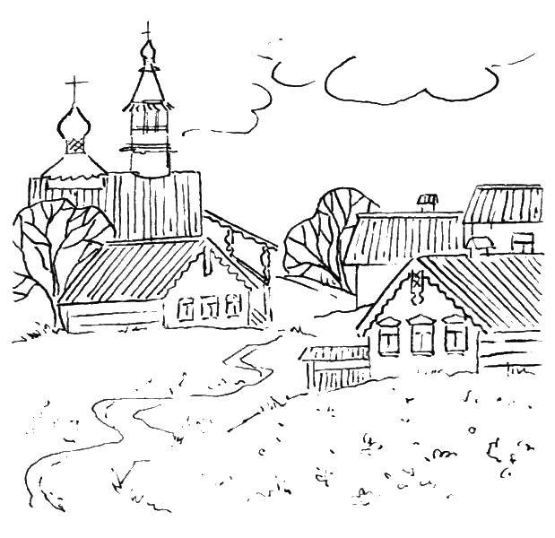 Название: Раскраска Церковь в деревне. Категория: деревня. Теги: деревня, церковь.