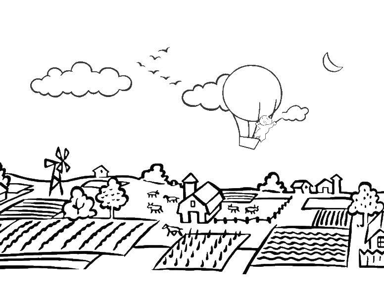 Название: Раскраска Воздушный шар над деревней. Категория: деревня. Теги: деревня, воздушный шар.