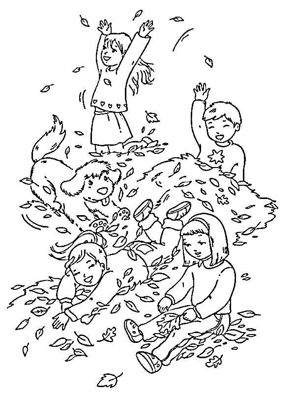 Название: Раскраска Дети и собачка играются в листве. Категория: осень. Теги: осень, листва, листья.