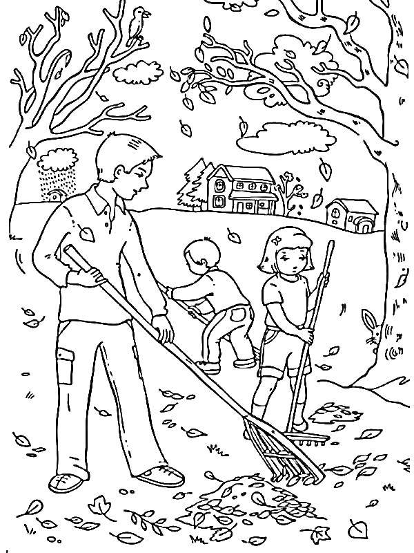 Название: Раскраска Дети убираюи листья. Категория: Осень. Теги: осень, листья, дети.