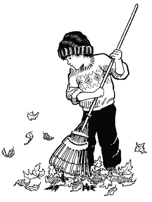 Название: Раскраска Мальчик убирает листву. Категория: Осень. Теги: осень, листва, мальчик.