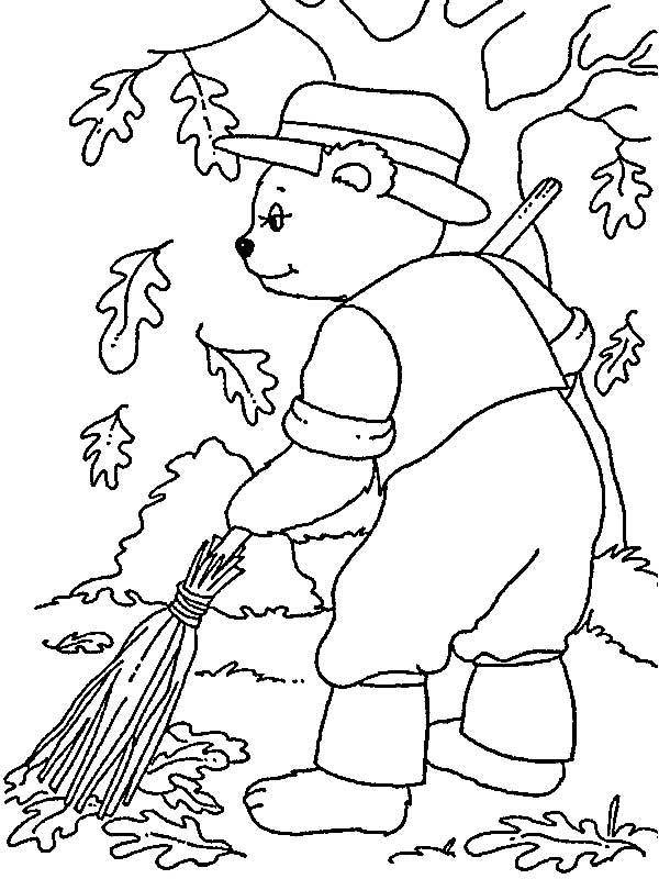 Название: Раскраска Мишка убирает листья. Категория: Осень. Теги: осень, листья, мишка.