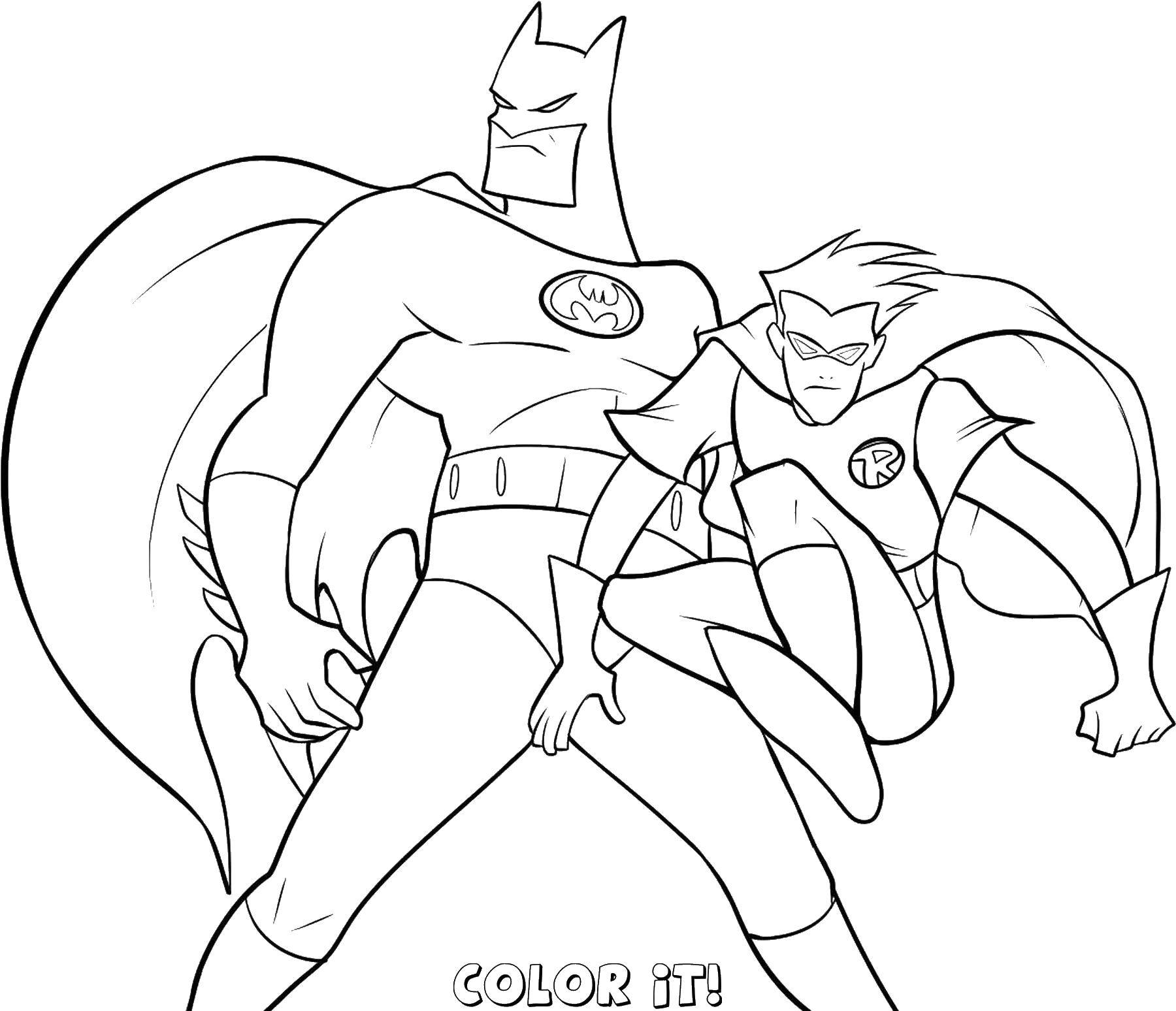 Название: Раскраска Бэтмен и робин спешат на помошь. Категория: бэтмен. Теги: Бэтмен, супергерои.