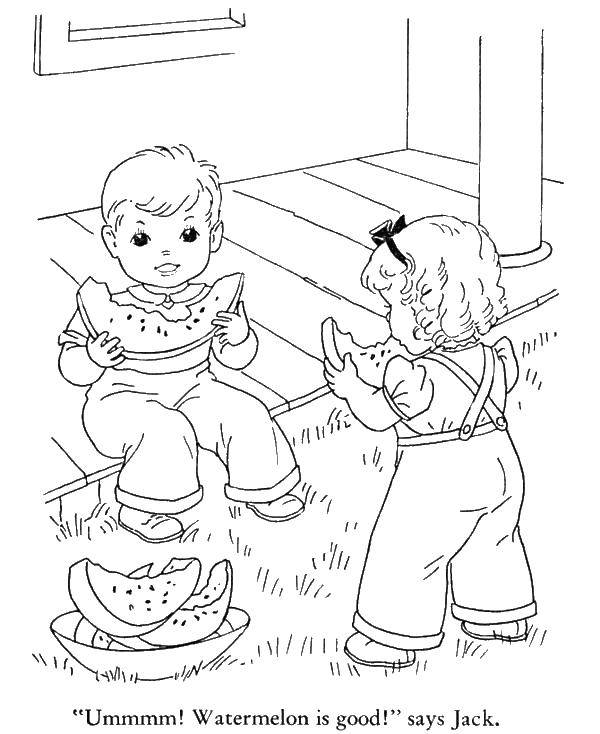 Название: Раскраска Дети едят арбуз. Категория: дети. Теги: мальчик, девочка, арбуз.