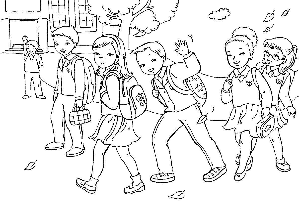 Название: Раскраска Дети идут в школу осенью. Категория: школа. Теги: школа, рюгзак.
