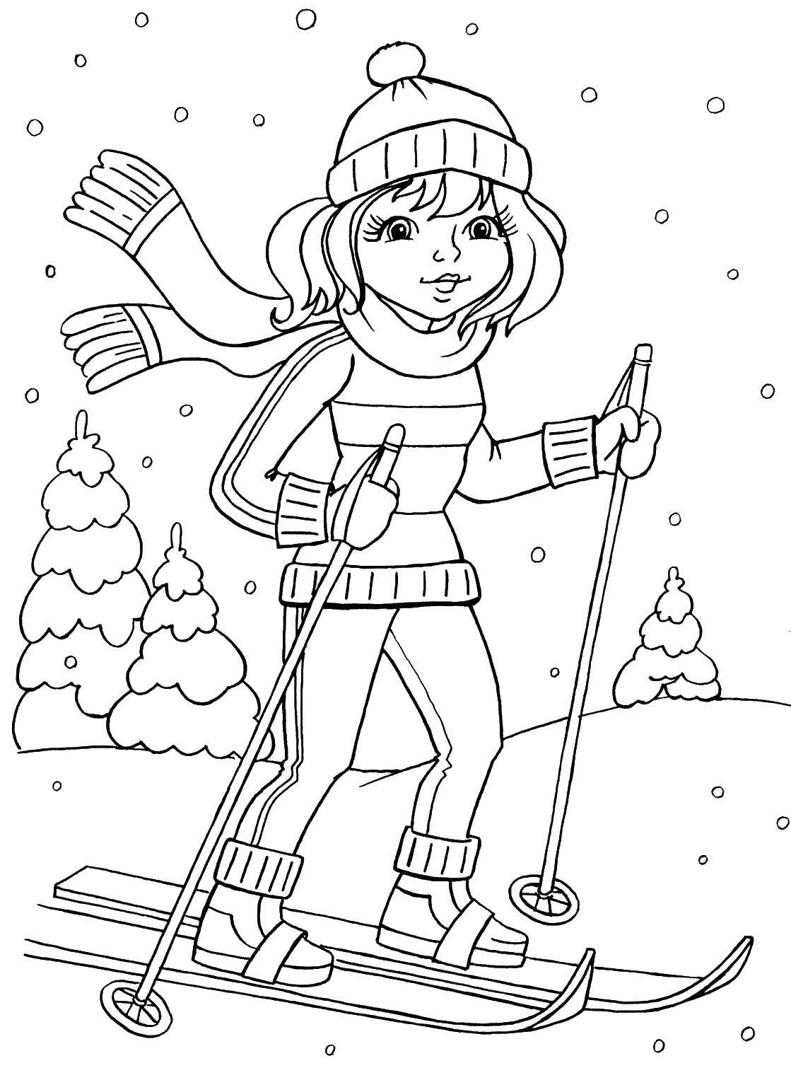 Название: Раскраска Девушка катается на лыжах. Категория: лыжи. Теги: лыжи, девушка, спорт.