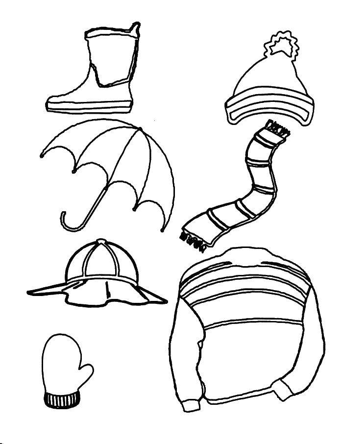Coloring Set of clothes for coolness. Category clothing. Tags:  Clothing, boots, umbrella, hat, cap, scarf, mittens, sweater.