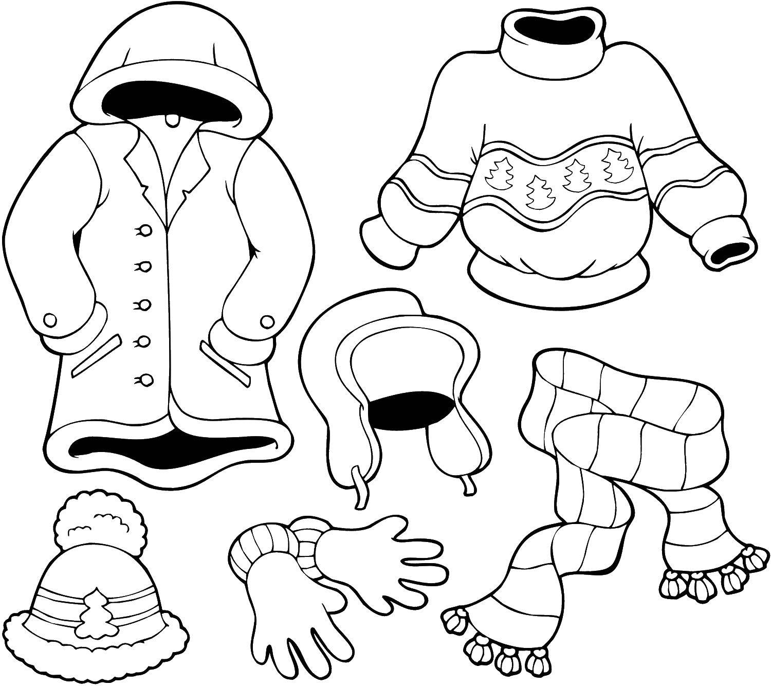 Название: Раскраска Набор одежды для зимы. Категория: одежда. Теги: Одежда, ушанка, шапка, шарф, перчатки, свитер, пальто.