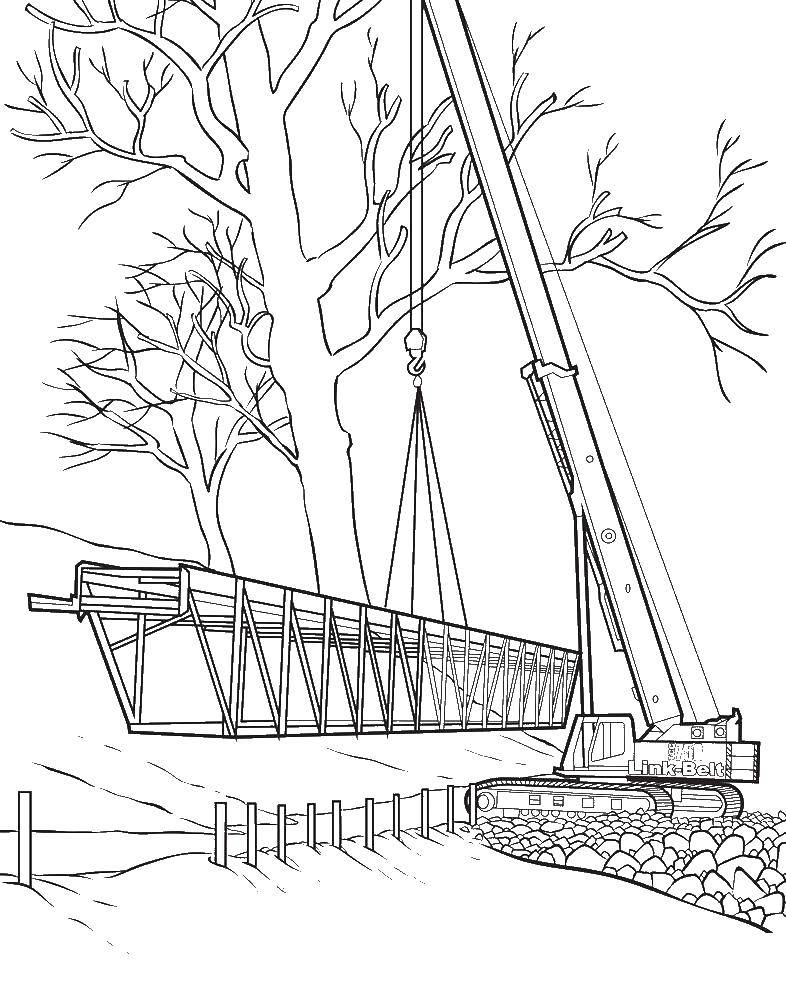 Coloring Construction crane with bridge. Category Crane. Tags:  Construction crane, bridge.