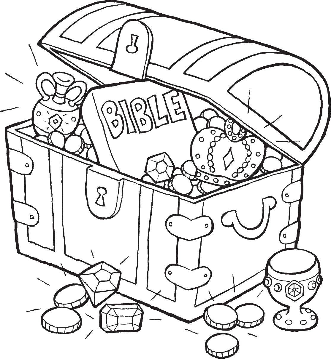 Coloring Chest sokrovischami and the Bible. Category treasure chest. Tags:  treasure chest, pirates, Bible.