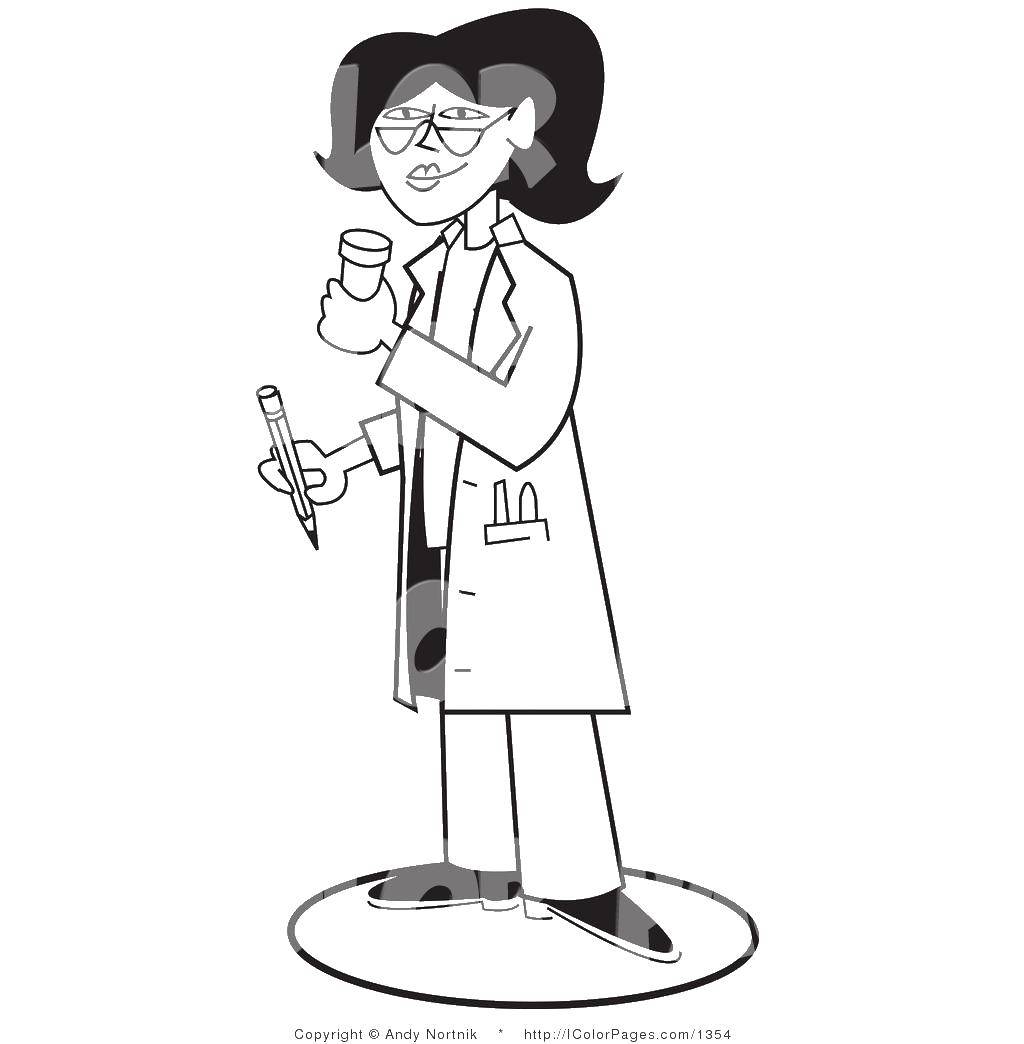 Coloring A woman in a lab coat. Category Medical coloring pages. Tags:  the doctor, a woman, pencil, medication.