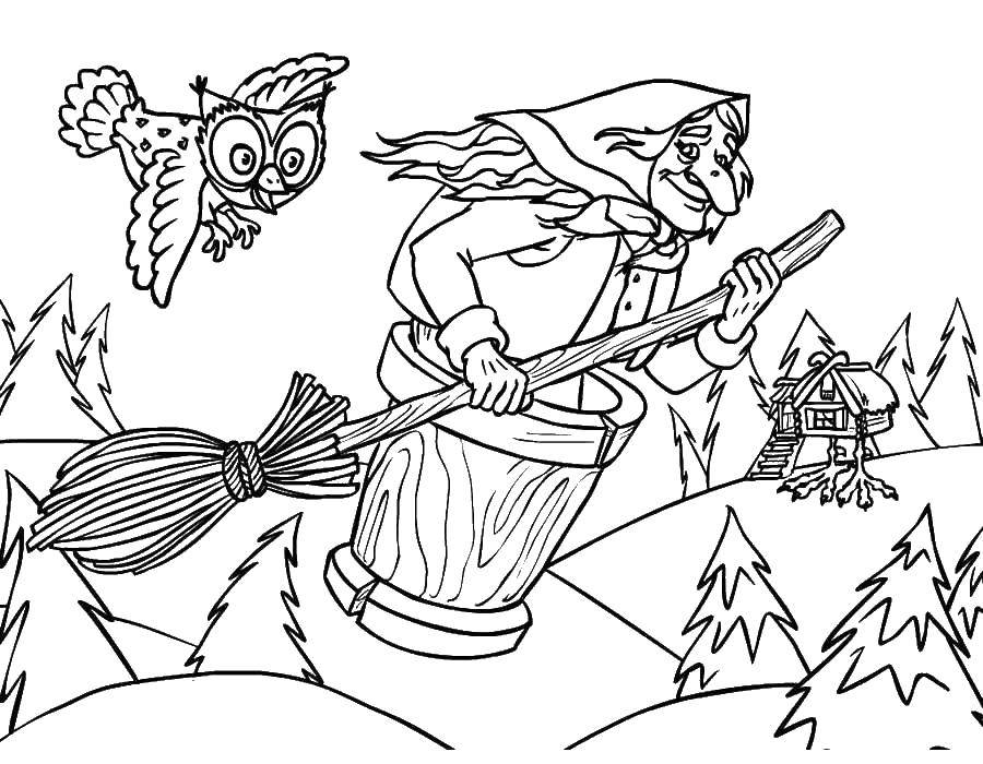 Coloring Baba Yaga and the owl. Category Baba Yaga. Tags:  Baba Yaga, broom, bucket, owl.