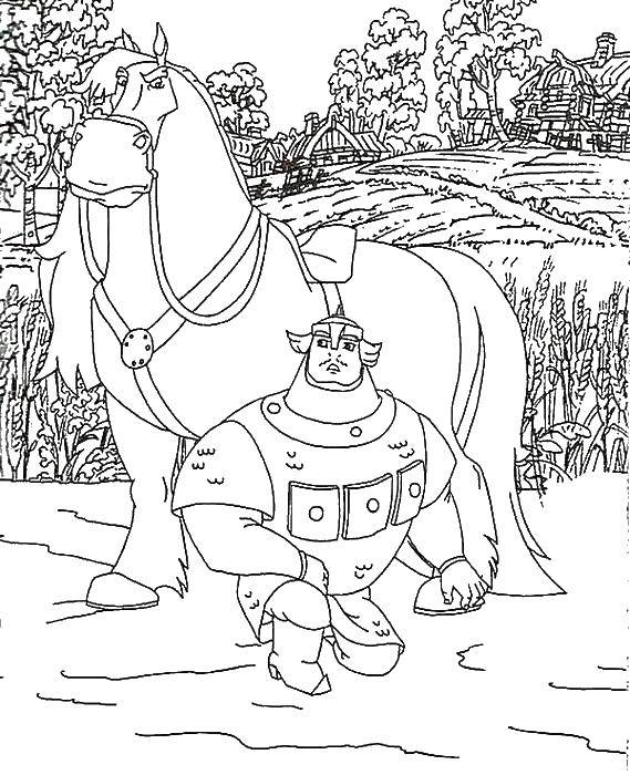 Название: Раскраска Богатырь у коня. Категория: три богатыря. Теги: три богатыря, сказки, конь.