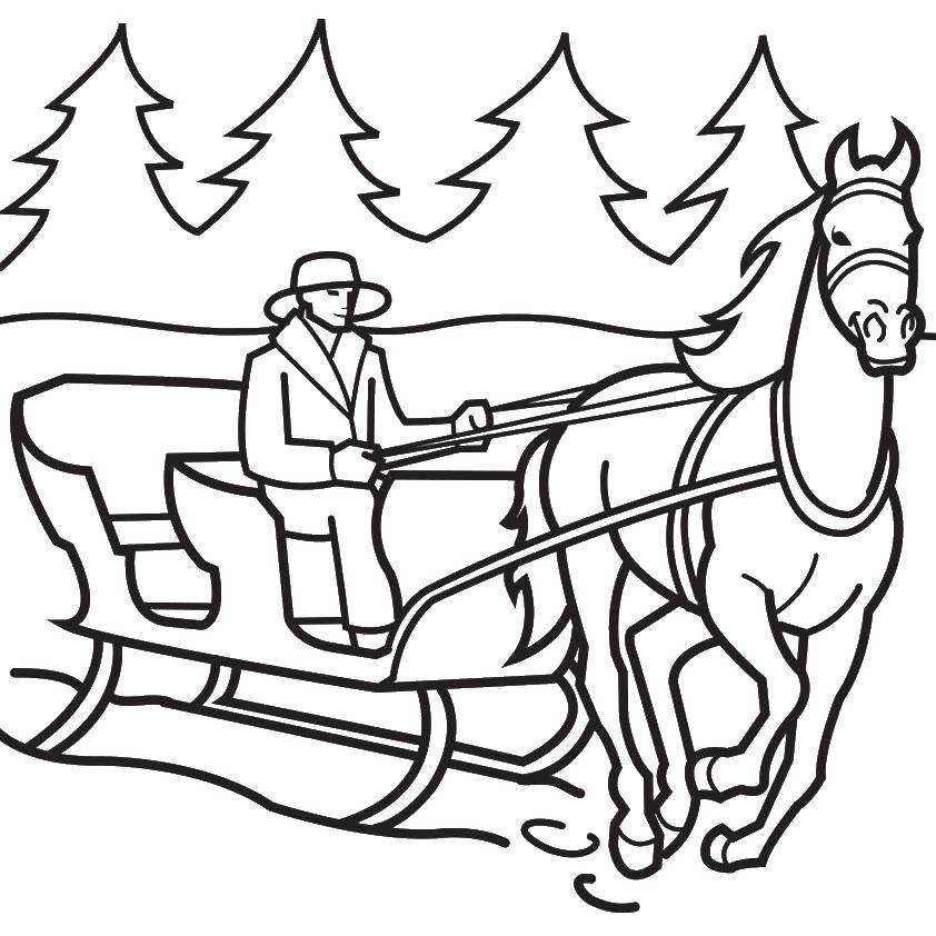 Название: Раскраска Человек на санках с лошадью. Категория: зима. Теги: зима, сани.
