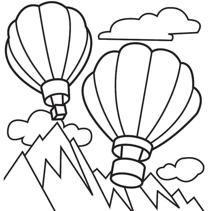 Название: Раскраска Два воздушных шара. Категория: воздушный шар. Теги: воздушный шар, горы, облака.