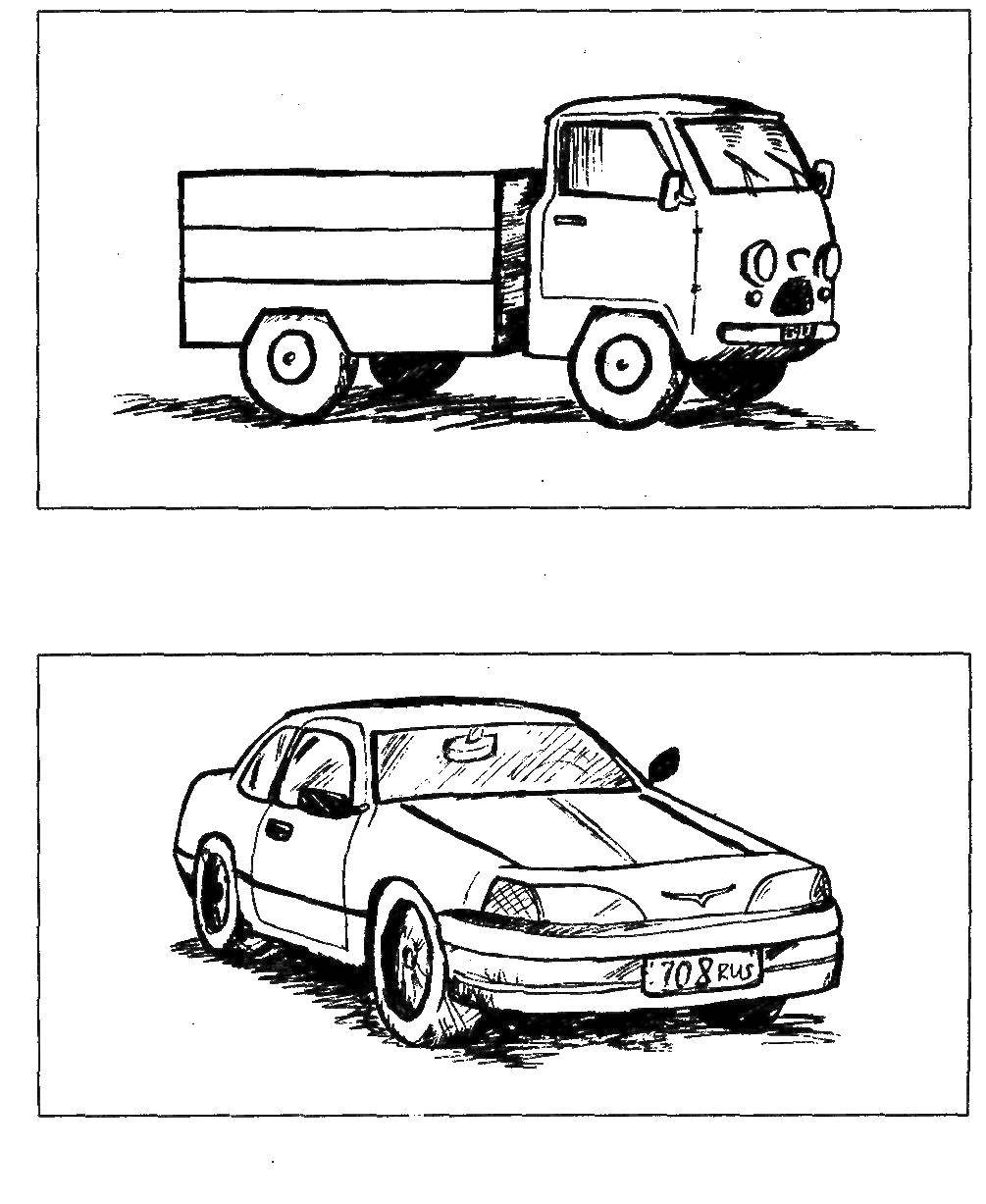 Название: Раскраска Грузовая и легковая машины. Категория: машины. Теги: Машина, автомобиль, грузовик, современная.