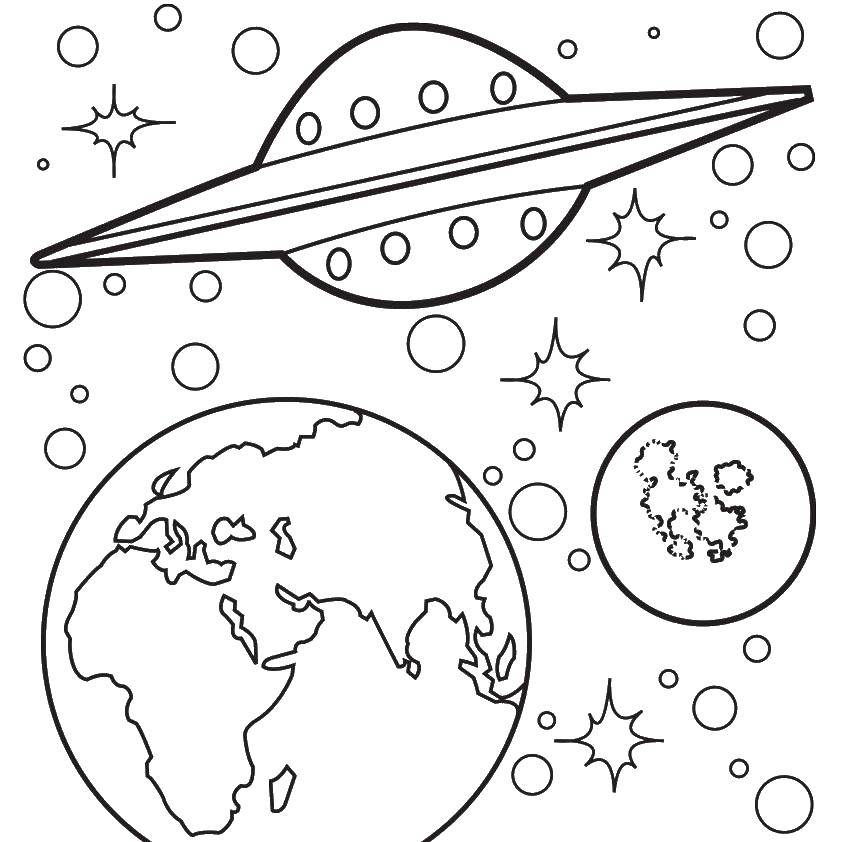 Название: Раскраска Летающая тарелка в космосе. Категория: космос. Теги: тарелка, корабль, планеты, космос.