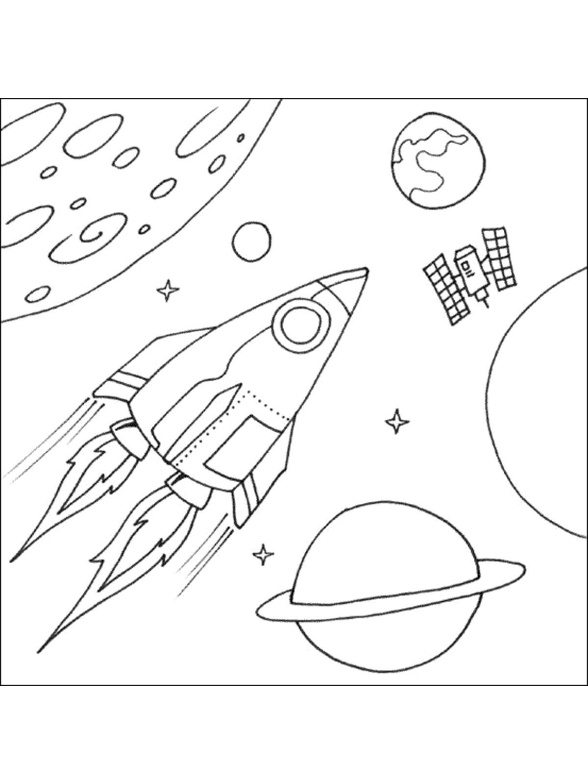 Coloring The rocket flies in space between the planets and satellites. Category space. Tags:  Have kosmak, planet, universe, Galaxy, Crescent, Moon, stars, rocket.