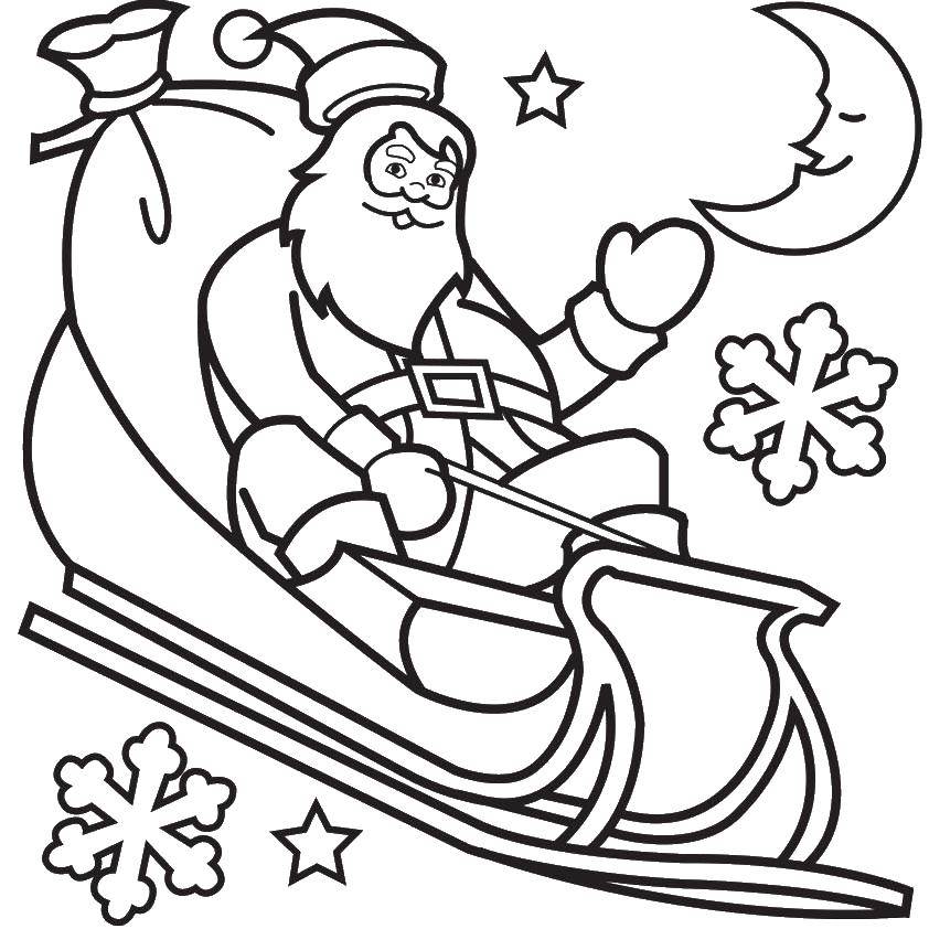 Coloring Santa Claus on a sled. Category Christmas. Tags:  Santa, month, bag, sled.
