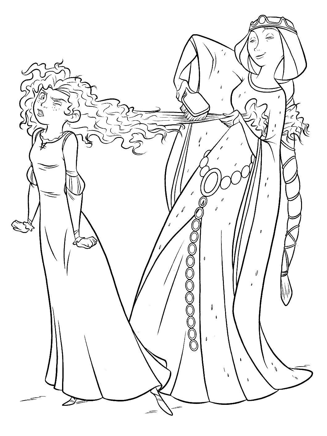 Coloring Queen Elinor and Merida. Category brave heart. Tags:  mother, daughter, hairbrush, hair.