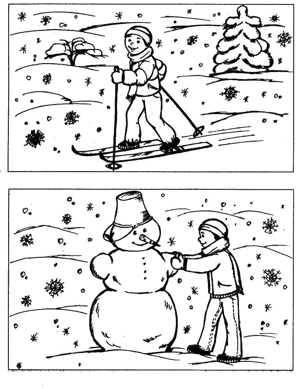 Название: Раскраска Мальчик катается на лыжах, а затем лепит снеговика. Категория: зима. Теги: Зима, снеговик, лыжи, спорт, игры, веселье, снег, снежинки.